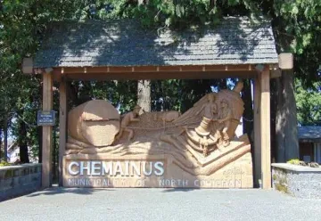 Carved logger sculpture welcome sign, Chemainus BC
