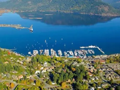 Aerial view of Cowichan Bay and its marinas, Cowichan Bay BC