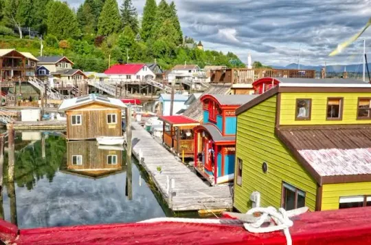 Colourful float homes at the marina, Cowichan Bay BC