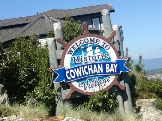 Welcome to Historic Cowichan Bay Village sign, Cowichan Bay BC