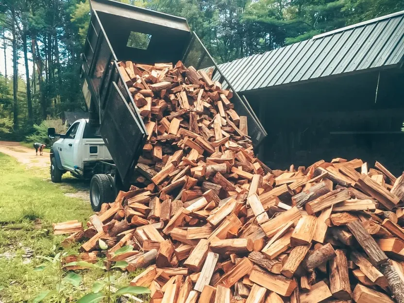 Dump truck tipping a load of split firewood beside a metal-roofed shed, Cowichan Valley BC