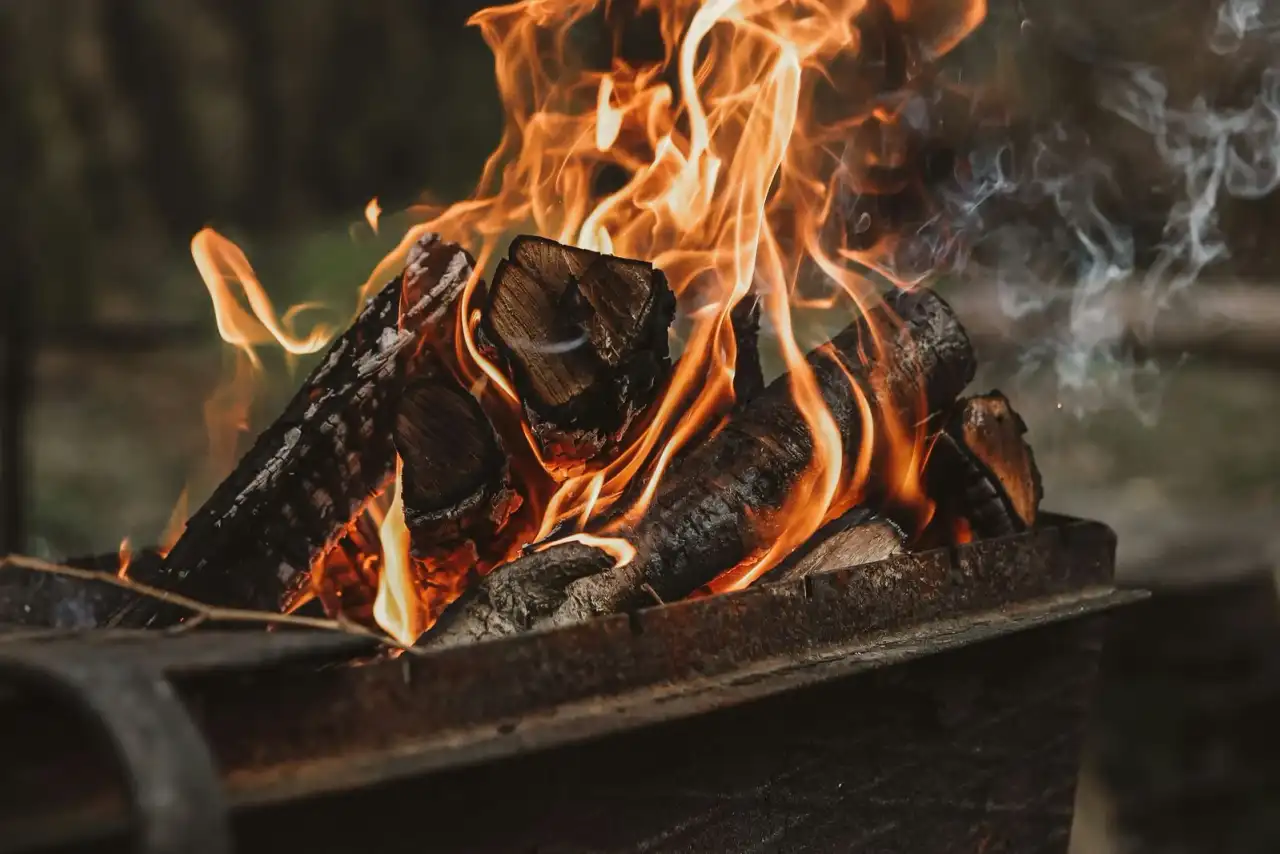 Firewood burning in a rusty fire basket in the woods, Saanich BC