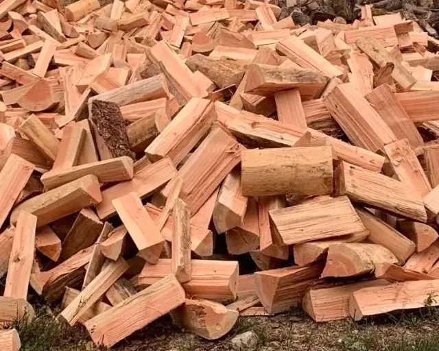 Firewood in Chemainus BC: a close-up of a heap of freshly split pieces