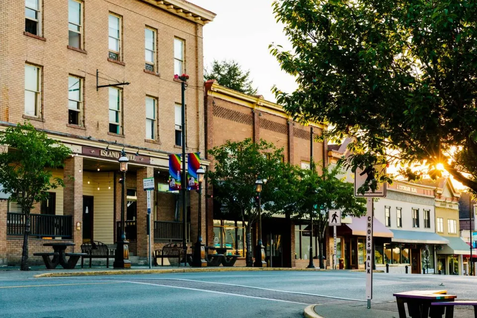 Historic brick buildings on a downtown street, Ladysmith BC