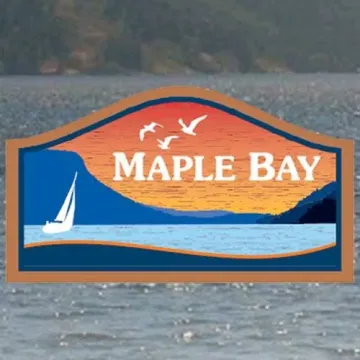 Maple Bay sign with a sailboat and seagulls, Maple Bay BC