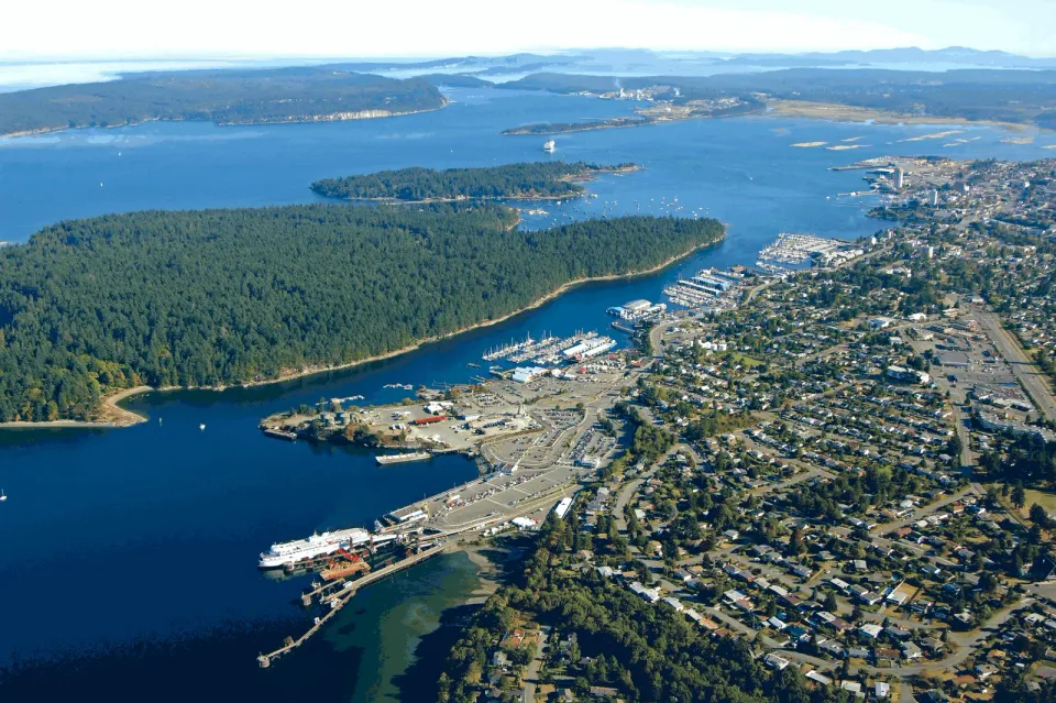 Aerial view of the Nanaimo waterfront, Newcastle Island and the ferry terminal, Nanaimo BC