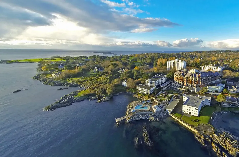 Aerial view of the Oak Bay Beach Hotel and the Oak Bay waterfront, Oak Bay BC