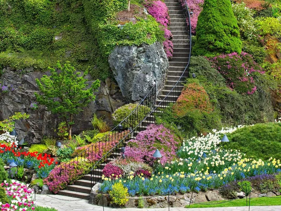 Flower beds and stairway at Butchart Gardens, Saanich BC